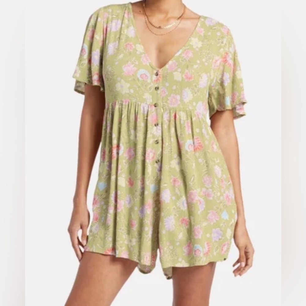Billabong Olive Green Floral Button-Front Romper